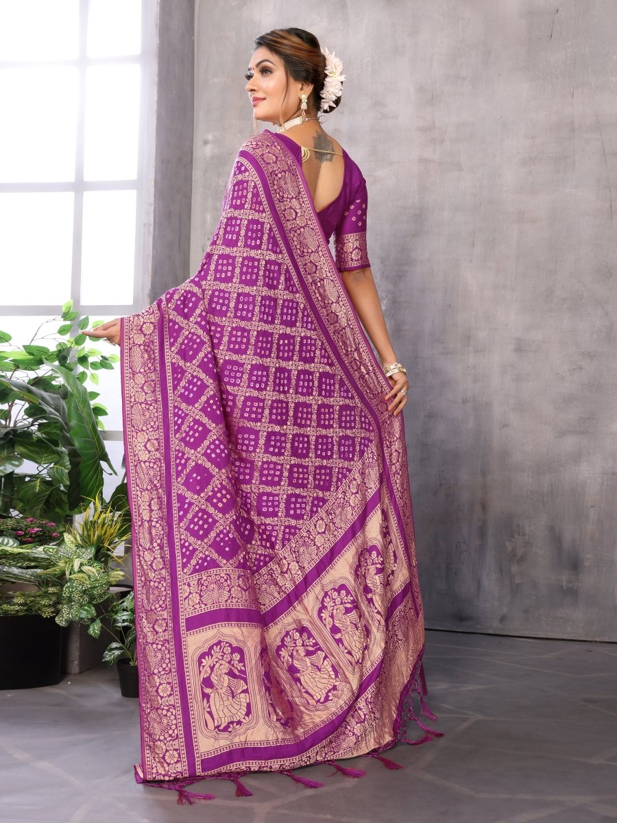 Magenta Jacquard Zari Hand Bandhani Saree with Traditional Dandiya Motif - CLOHI