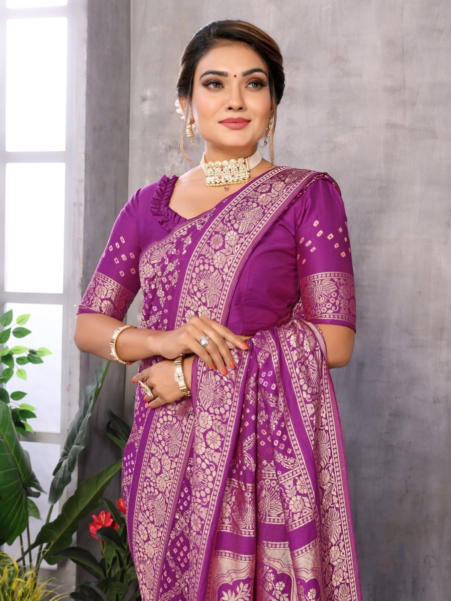 Magenta Jacquard Zari Hand Bandhani Saree with Traditional Dandiya Motif - CLOHI