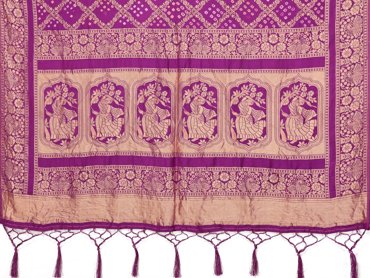 Magenta Jacquard Zari Hand Bandhani Saree with Traditional Dandiya Motif - CLOHI