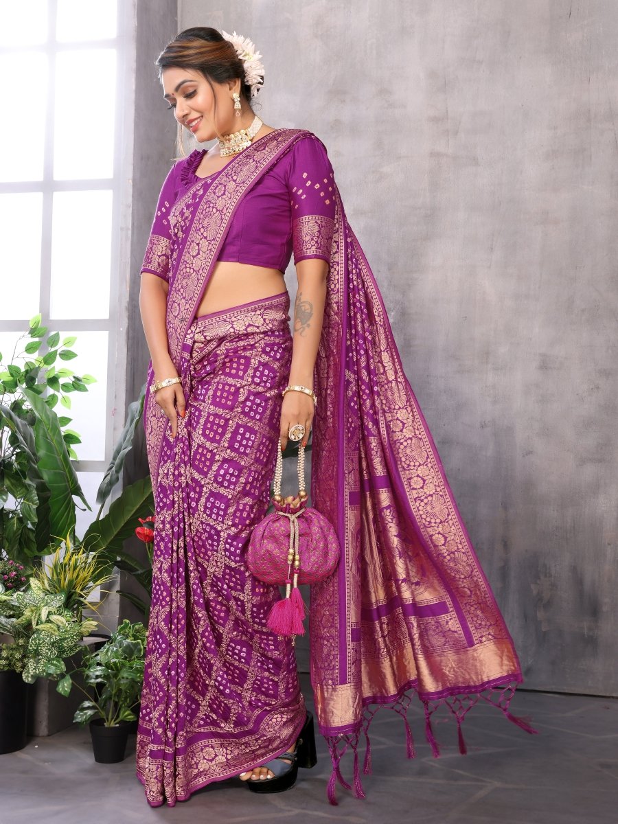 Magenta Jacquard Zari Hand Bandhani Saree with Traditional Dandiya Motif - CLOHI