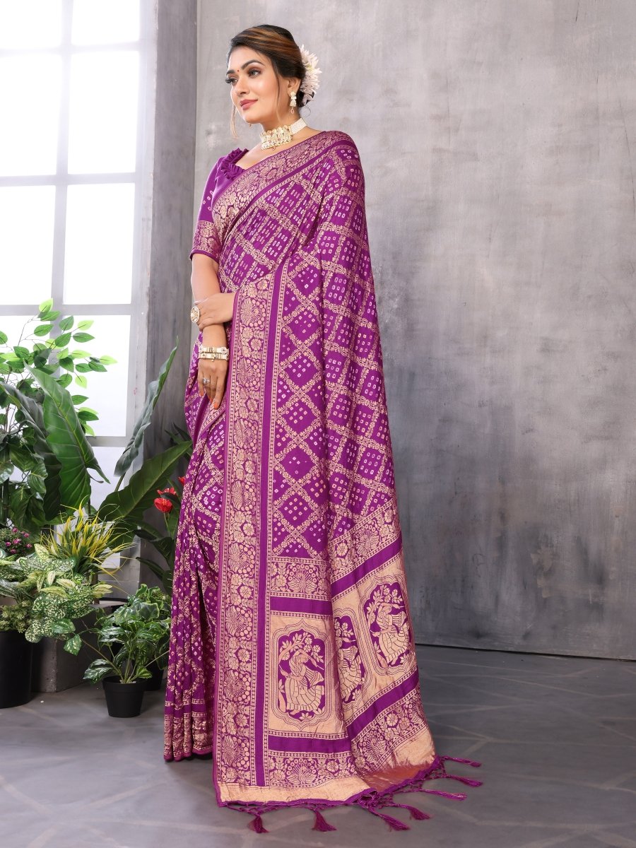 Magenta Jacquard Zari Hand Bandhani Saree with Traditional Dandiya Motif - CLOHI