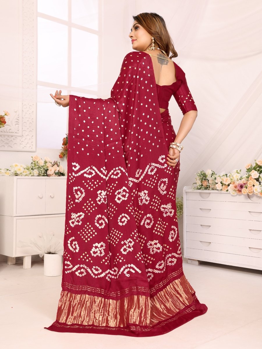 Maroon Jacquard Zari Bandhani Saree with Lagdi Patta Border - CLOHI