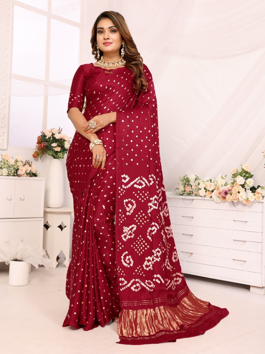 Maroon Jacquard Zari Bandhani Saree with Lagdi Patta Border - CLOHI