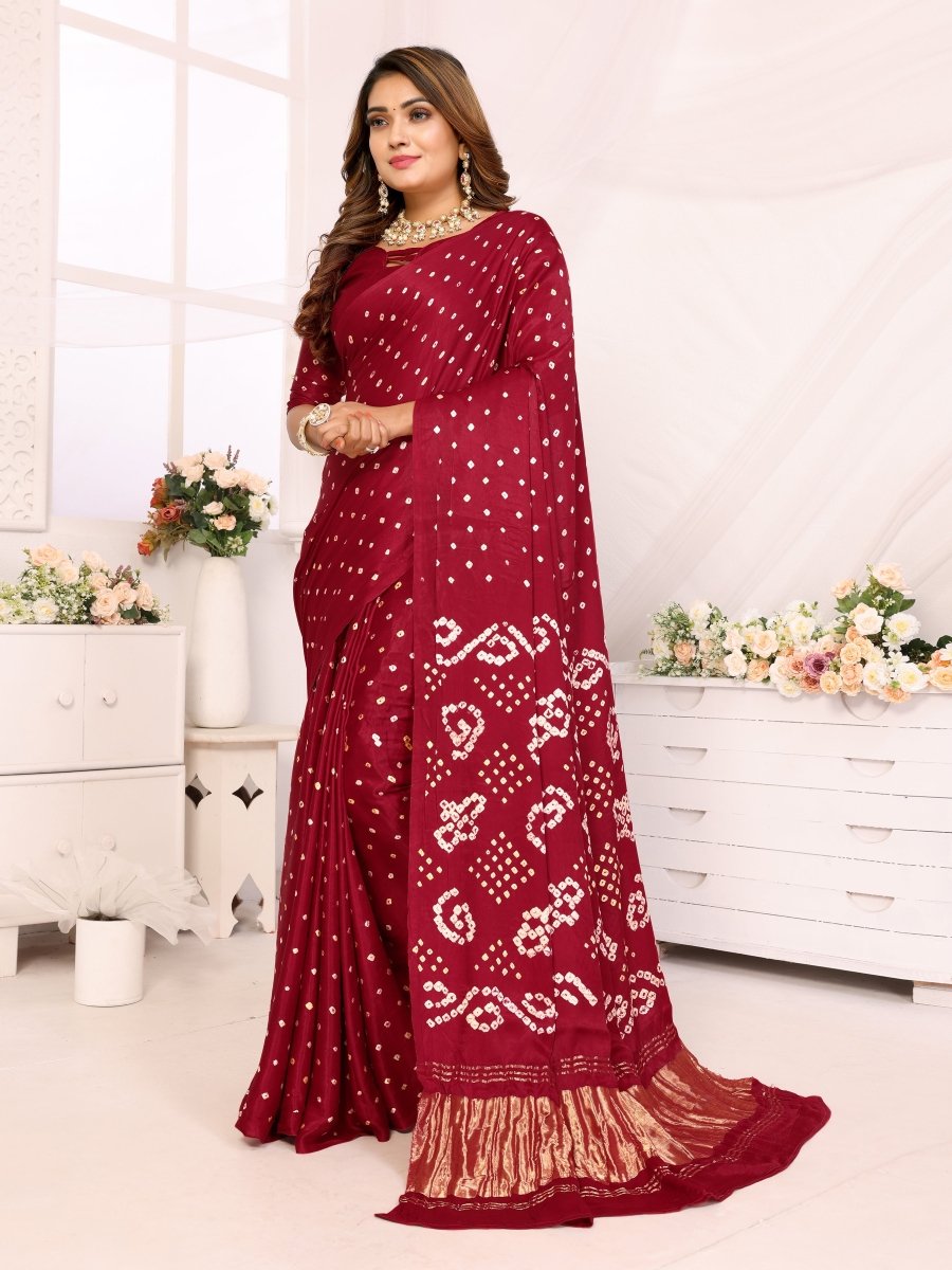 Maroon Jacquard Zari Bandhani Saree with Lagdi Patta Border - CLOHI