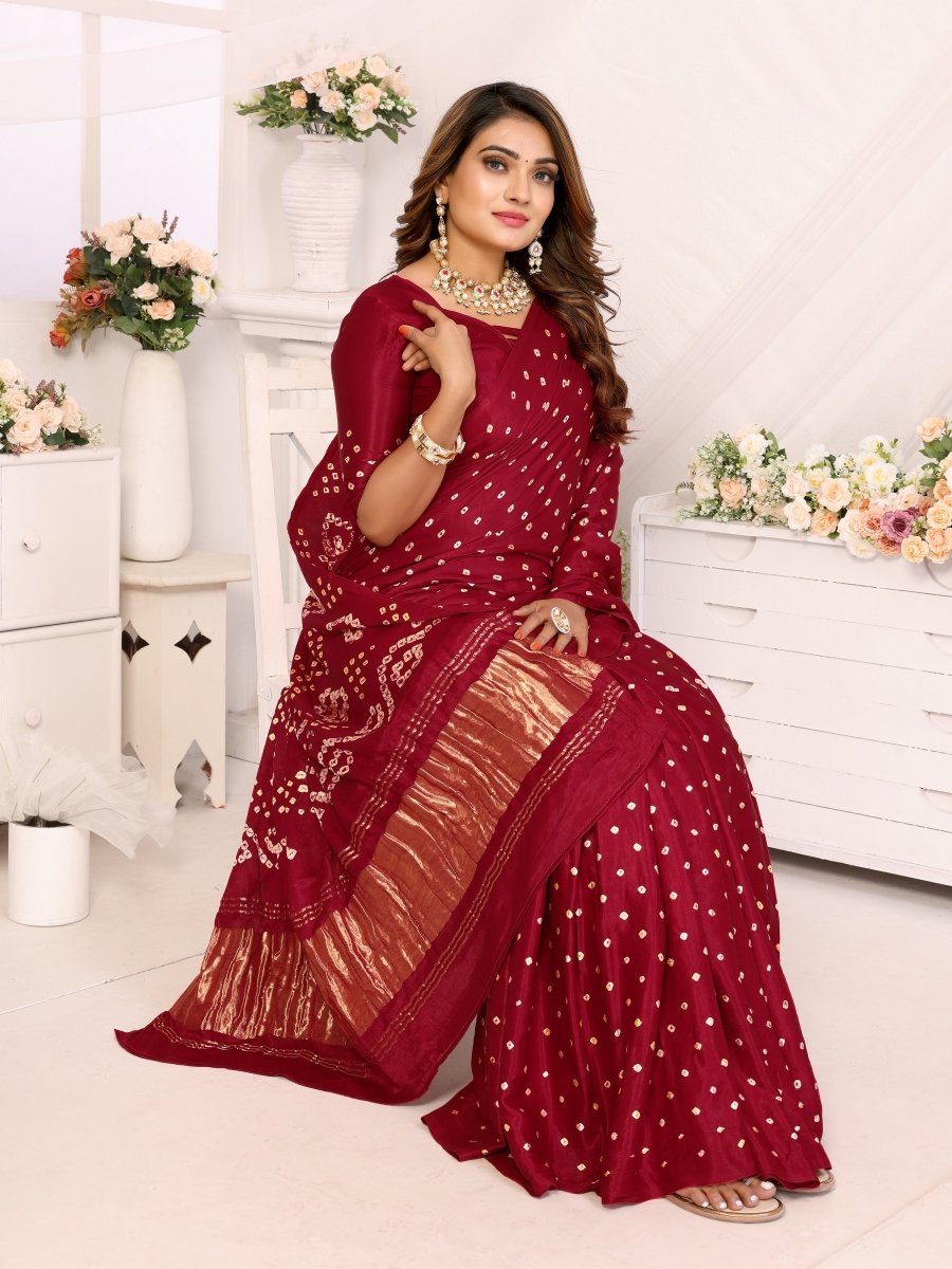 Maroon Jacquard Zari Bandhani Saree with Lagdi Patta Border - CLOHI