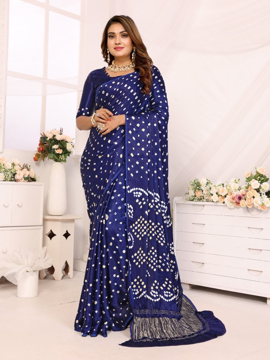 Navy Blue Jacquard Zari Saree with Hand Bandhani & Lagdi Patta Border - CLOHI