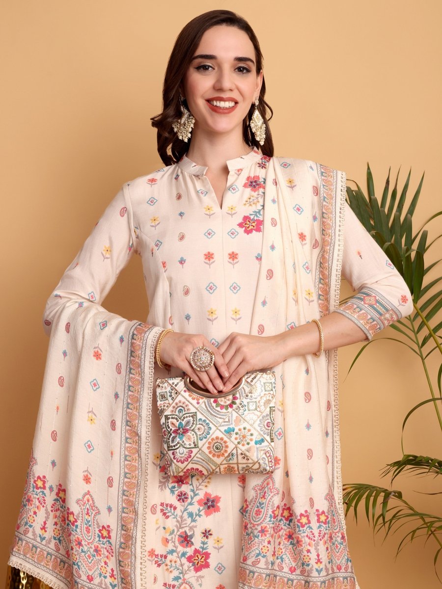 Peach A - Line Floral Embroidered Kurta Set - CLOHI