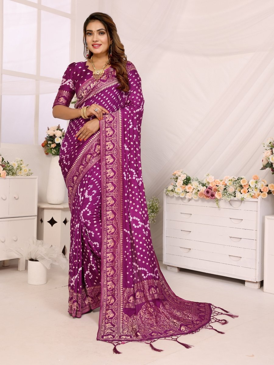 Purple Bandhani Saree with Elephant Zari Motifs & Mughal Floral Weaving - CLOHI