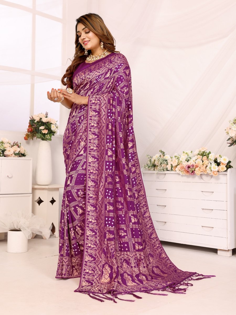 Purple Bandhani Saree with Rajasthani Figurative Zari Motifs - CLOHI
