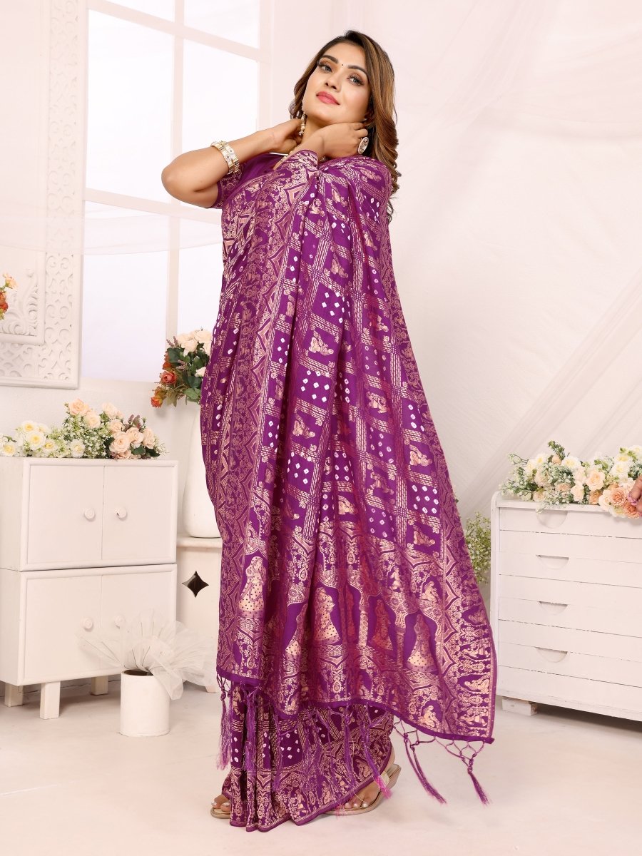 Purple Bandhani Saree with Rajasthani Figurative Zari Motifs - CLOHI
