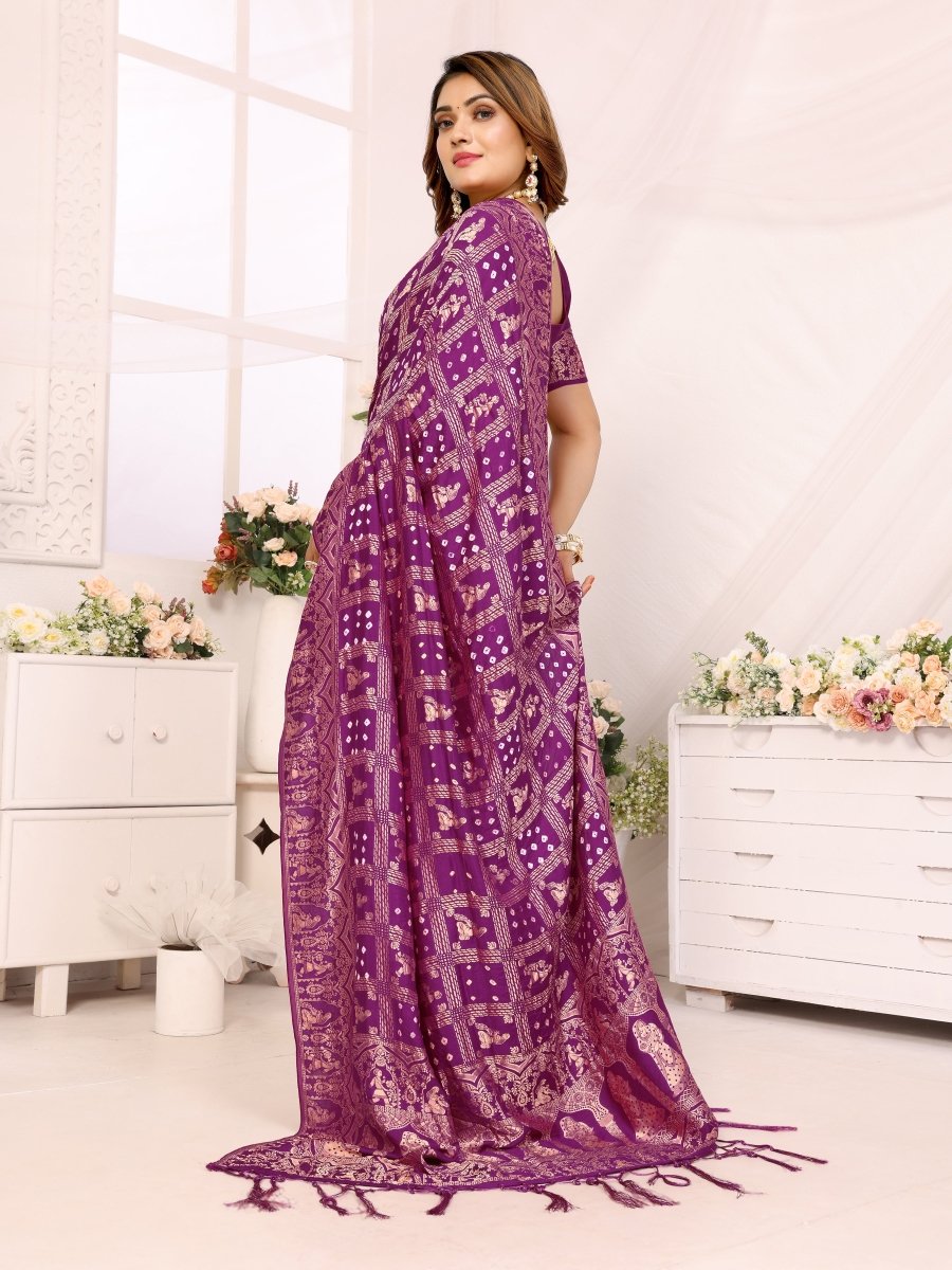 Purple Bandhani Saree with Rajasthani Figurative Zari Motifs - CLOHI