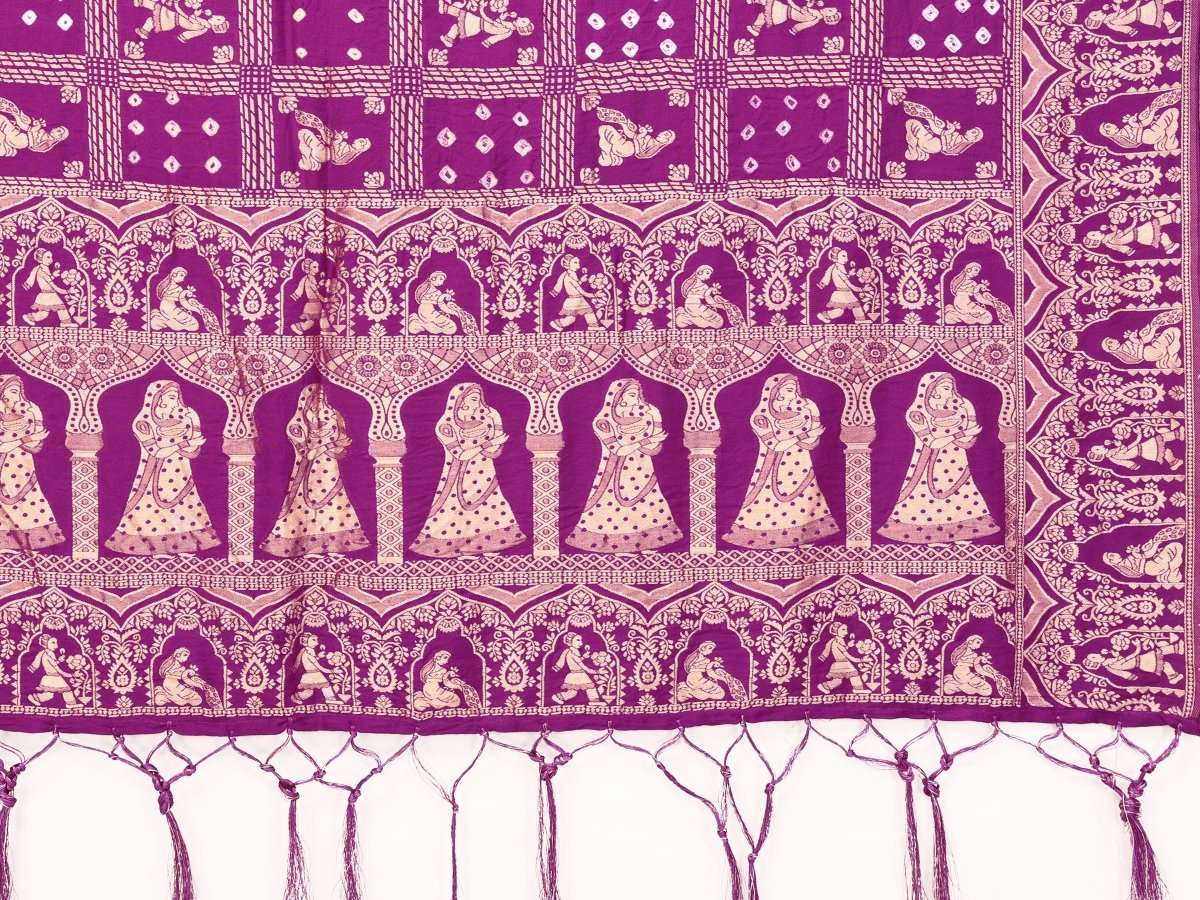 Purple Bandhani Saree with Rajasthani Figurative Zari Motifs - CLOHI