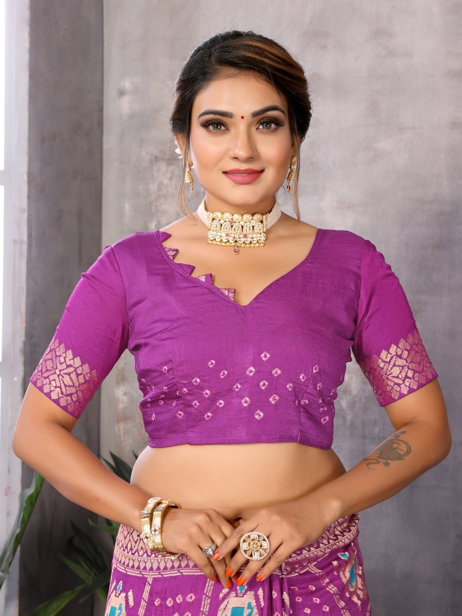 Purple Patola - Inspired Bandhani Saree with Elephant & Parrot Motifs - CLOHI