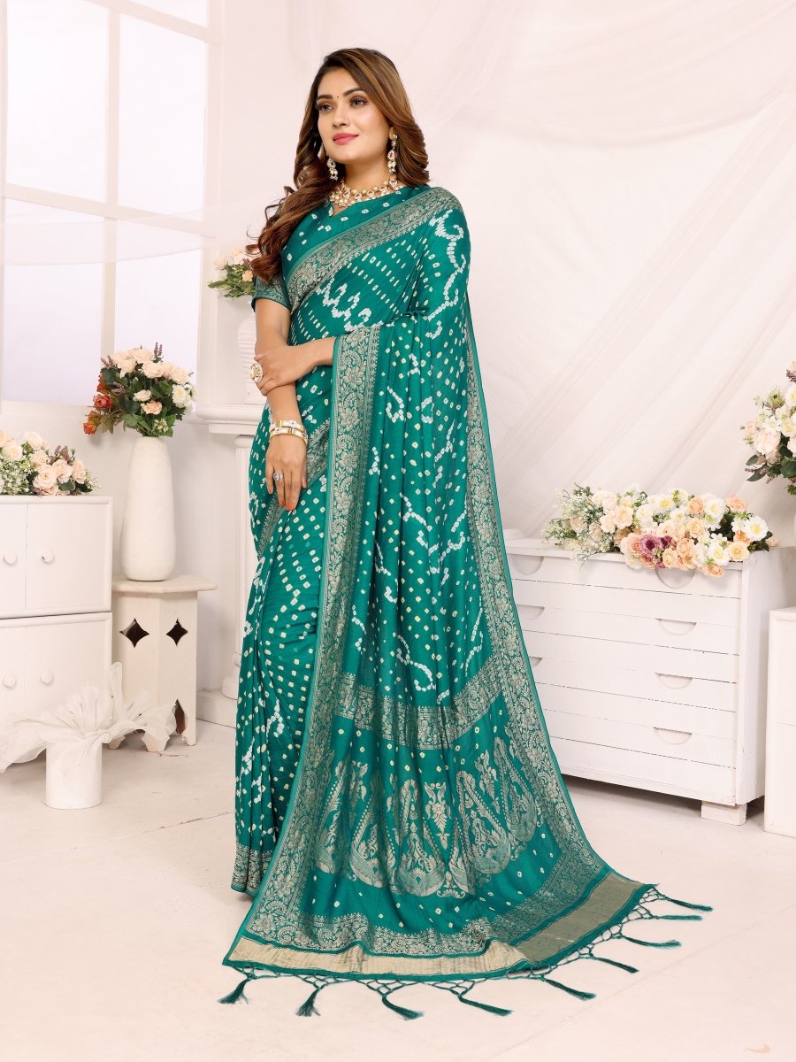 Rama Green Bandhani Saree with Zari Woven Floral & Paisley Motifs - CLOHI