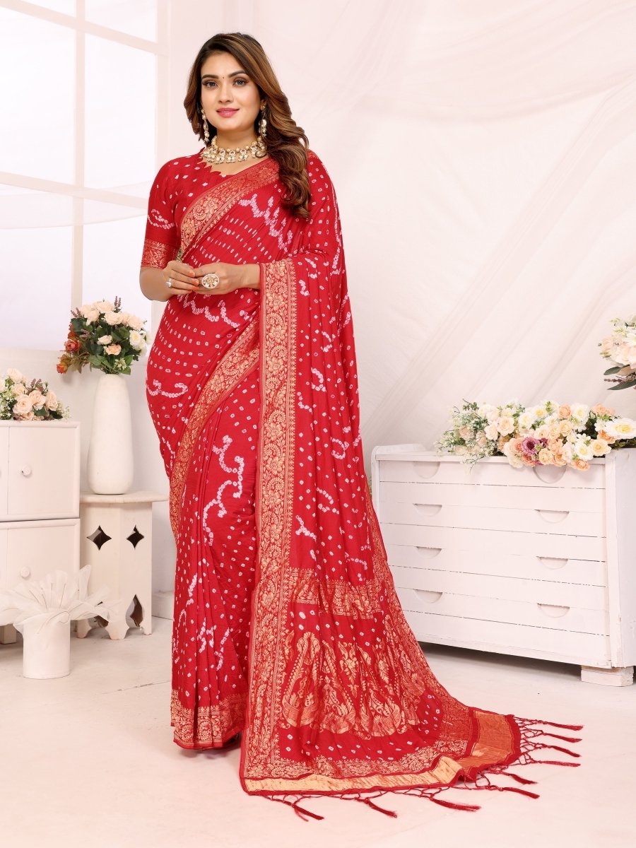 Red Jacquard Zari Bandhani Saree with Shimmering Floral & Paisley Patterns - CLOHI