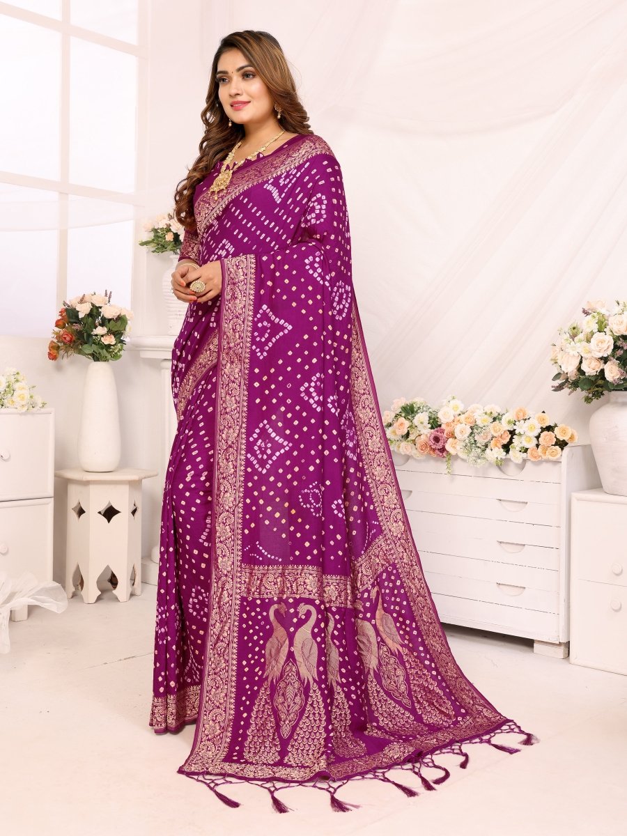 Regal Purple Bandhani Saree with Zari Peacock Motifs & Blouse - CLOHI
