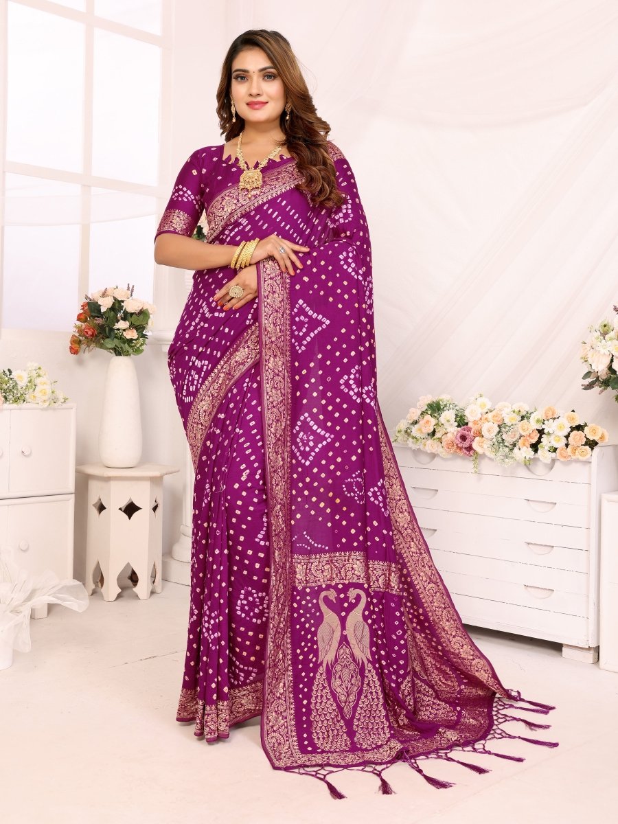 Regal Purple Bandhani Saree with Zari Peacock Motifs & Blouse - CLOHI