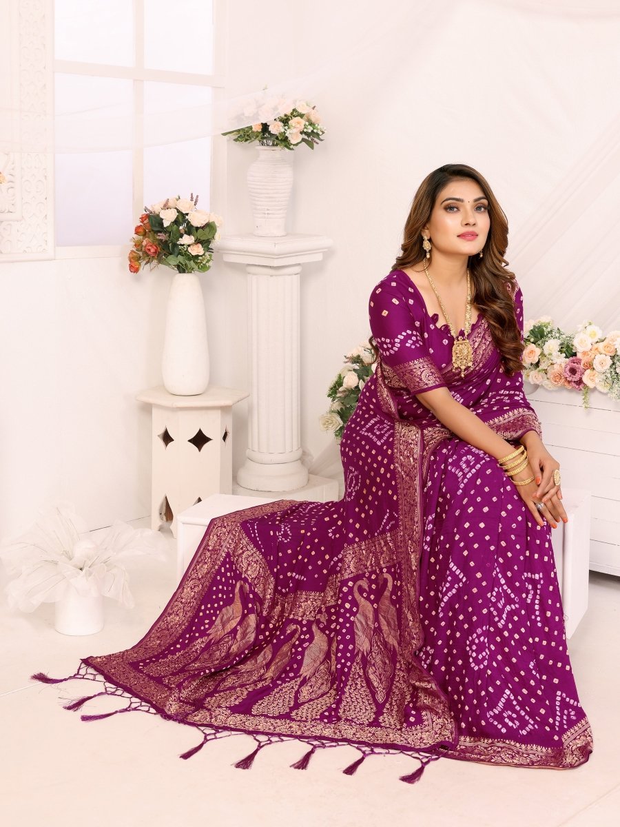 Regal Purple Bandhani Saree with Zari Peacock Motifs & Blouse - CLOHI