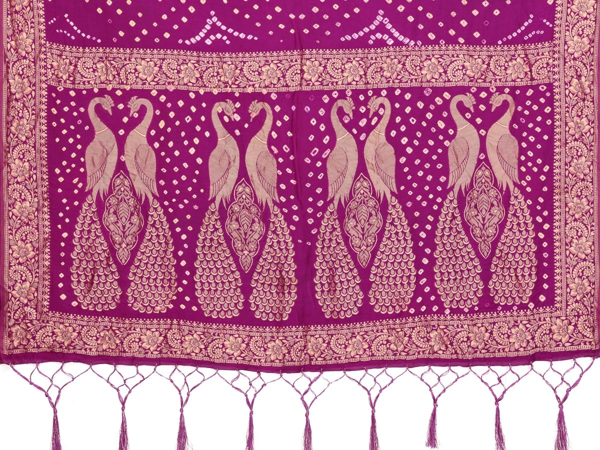 Regal Purple Bandhani Saree with Zari Peacock Motifs & Blouse - CLOHI