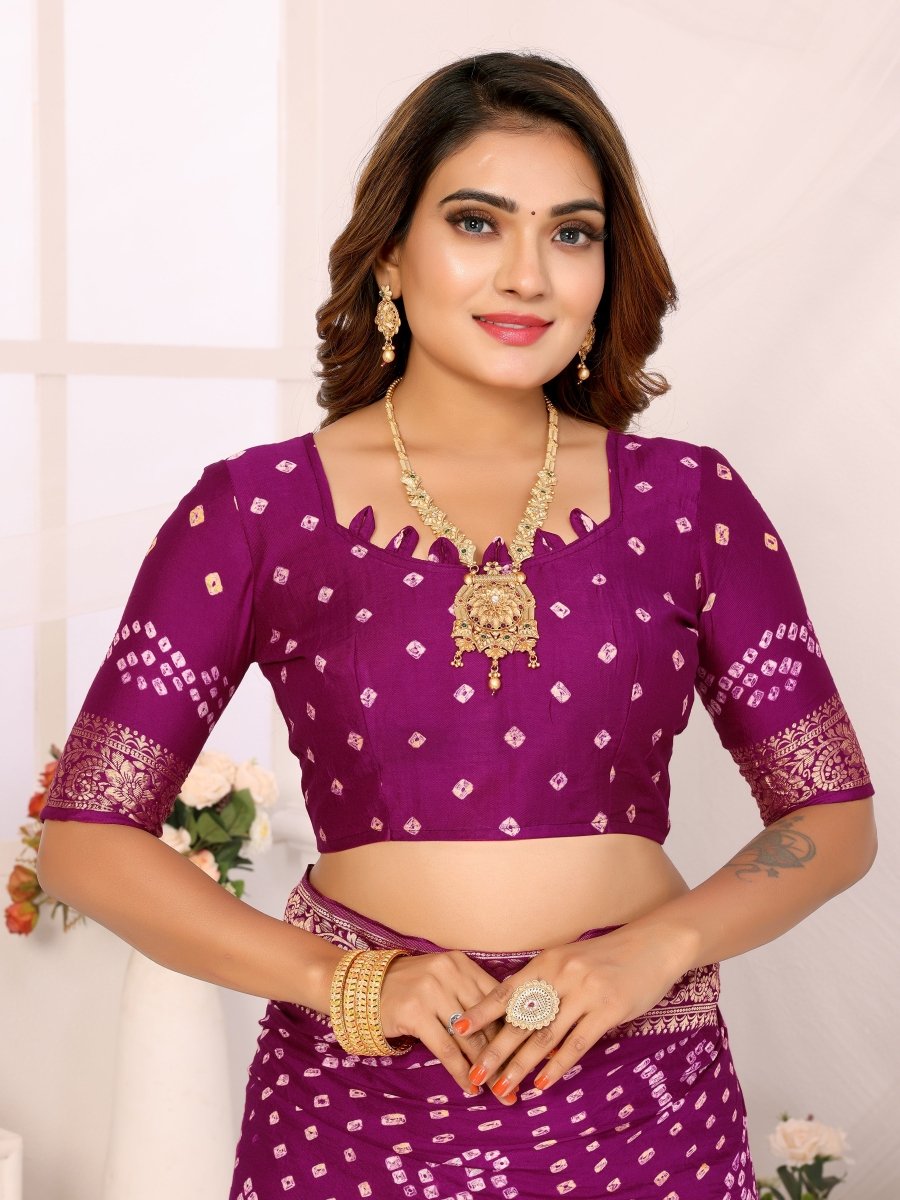 Regal Purple Bandhani Saree with Zari Peacock Motifs & Blouse - CLOHI