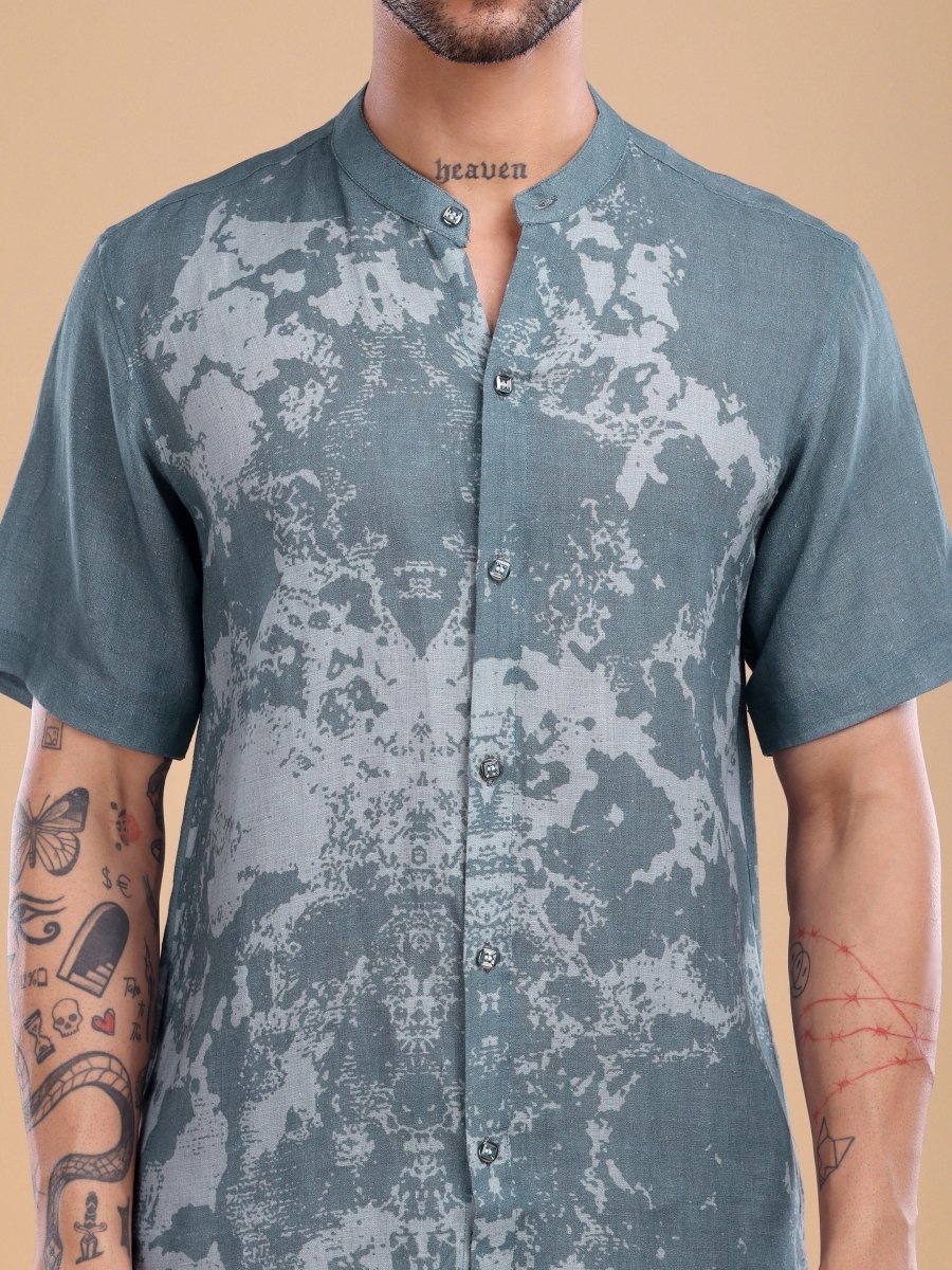 Slate Blue Marble Wash Pure Linen Short Shirt - CLOHI
