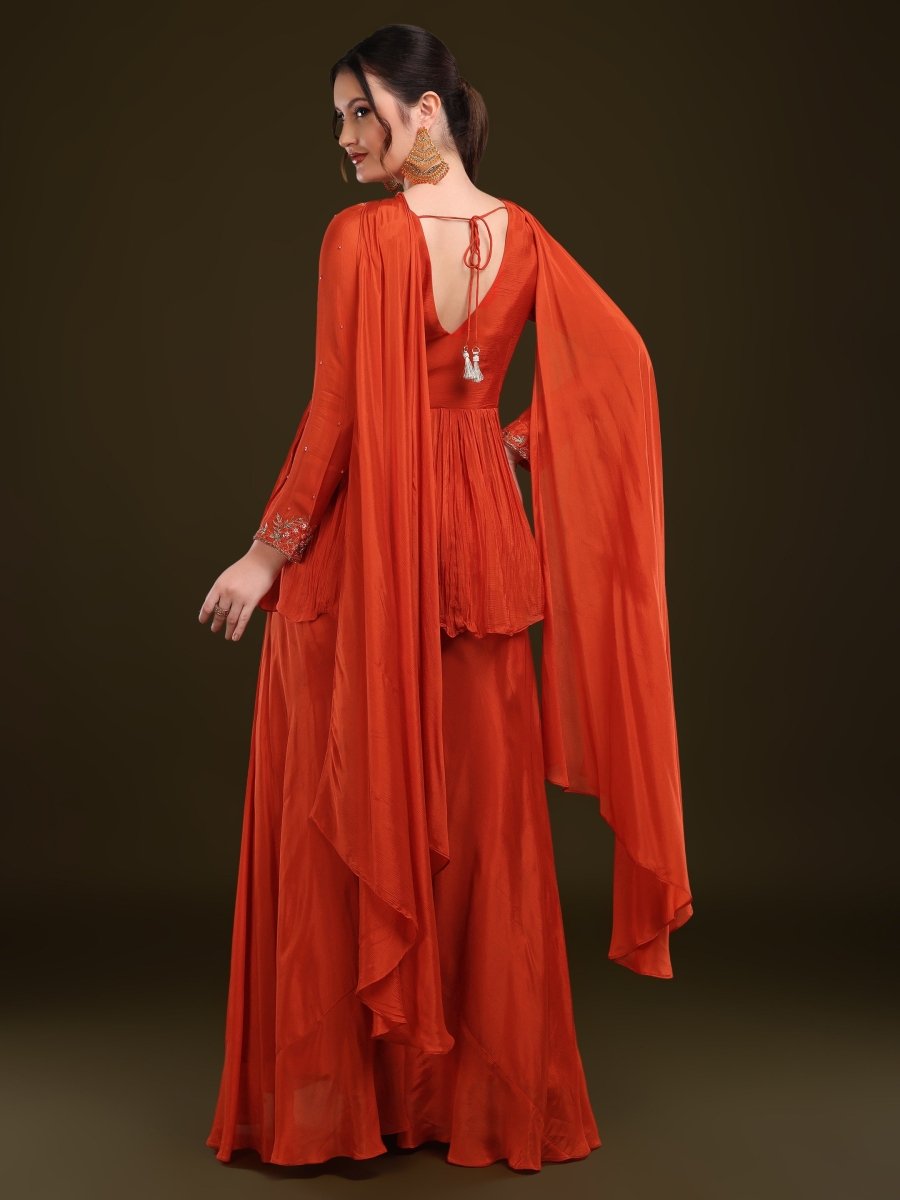Vibrant Orange Embroidered Peplum Palazzo Set in Viscose Chinon - CLOHI